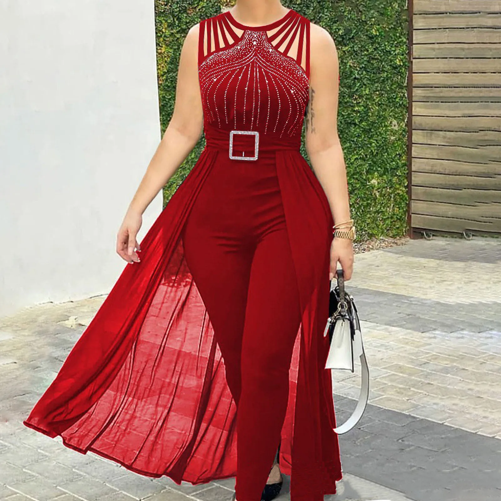 Glitter Slim Waist Mesh Jumpsuit for Women Sexy Round Neck Sleeveless Jumpsuit with Belt for Wedding Evening Party