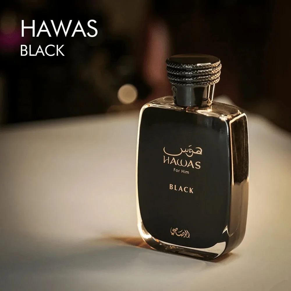 Rasasi Hawas Black EDP-spray voor mannen en vrouwen 3,4 oz, gedurfde en elegante langdurige geur met ananas en amber, voor dag en nacht.