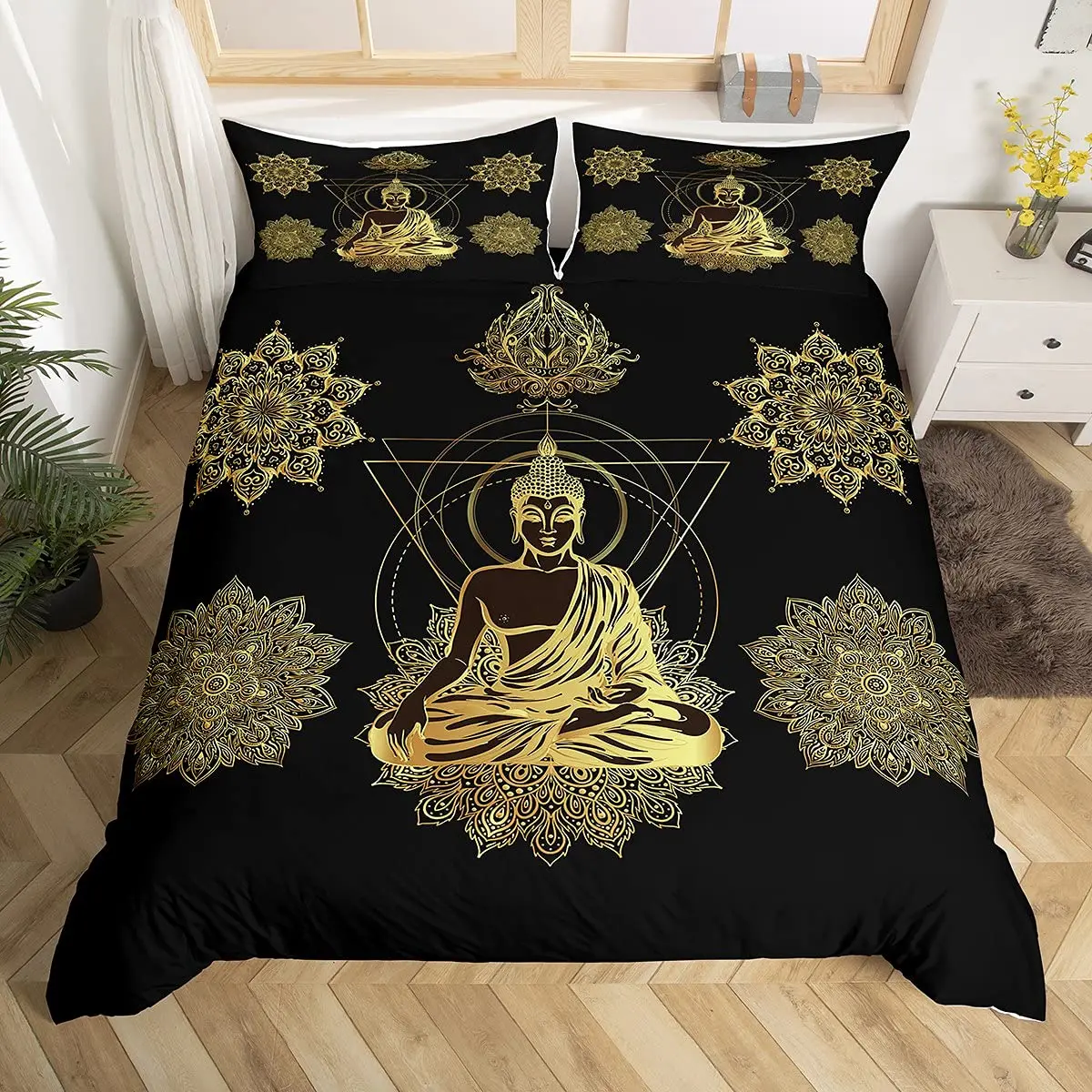 

Mandala Buddha Duvet Cover Set King Size Exotic Ethnic Bohemian Bedding Set Golden Black Lotus Flowers Gorgeous Comforter Cover