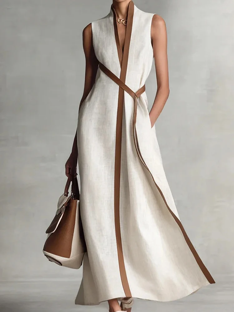Neues Sommer-Maxikleid für Damen, Ärmelloses Freizeitkleid mit V-Ausschnitt und Patchwork, Einfaches Partykleid, 2026 Locker Sitzendes Elegantes Schickes Damenkleid