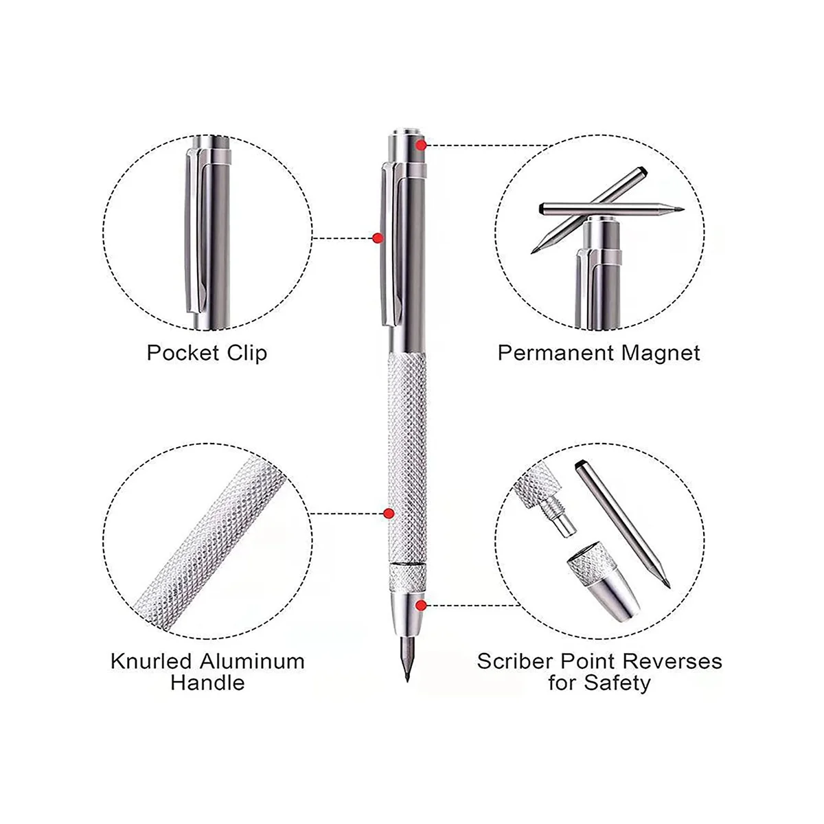 Outil de Scribe avec Aimant, en Carbure de Tungstène avec 20 Embouts de Marquage de Remplacement, pour Verre/Céramique/Acier Trempé, Paquet de 3