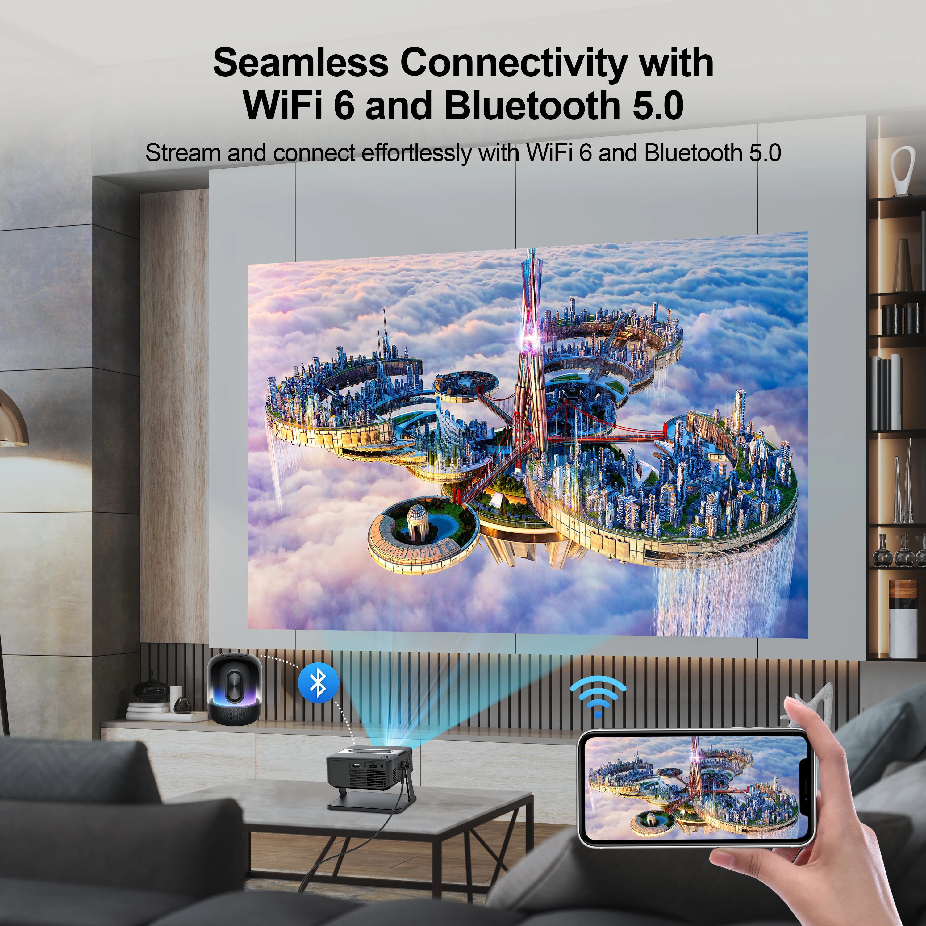 جهاز عرض HA109 أصلي 4k فيديو أندرويد منخفض الضوضاء 500ANSI شعاع تركيز قصير BT5.0 WiFi6 يوتيوب Netflix جهاز عرض الهاتف الذكي