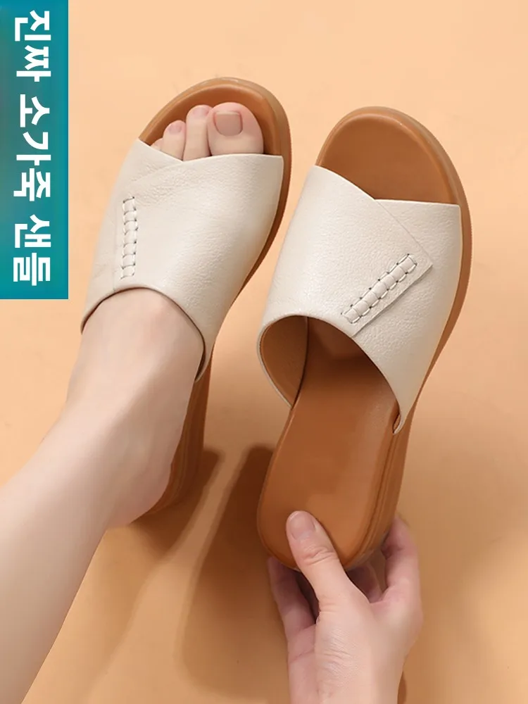 

Eircon тапочки для мам из натуральной кожи, женская летняя уличная одежда, нескользящие сандалии из мягкой ботинок для среднего возраста, тапочки на каблуке