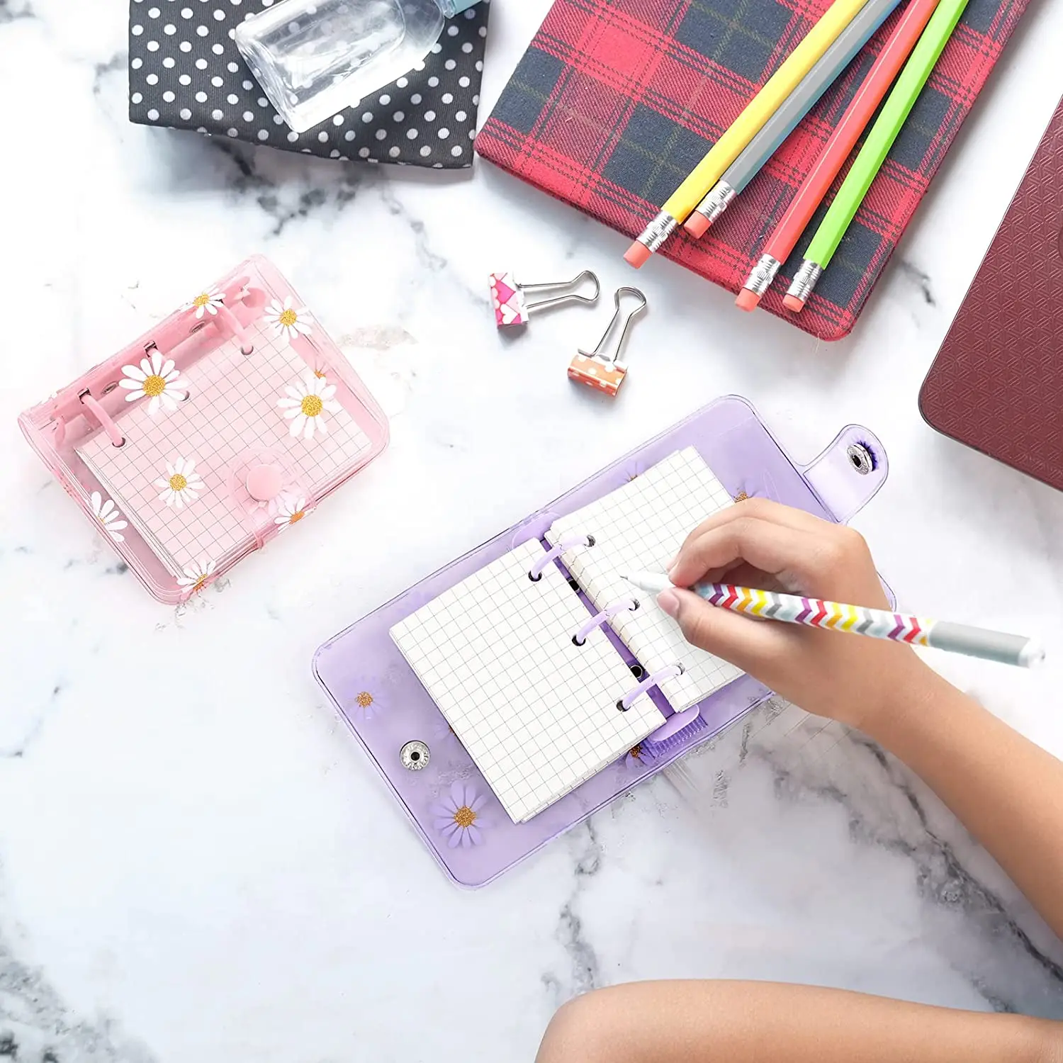 Mini Transparent PVC 3-Ring Binder Covers with 80 Inner Paper, 3pcs Binder Pockets,Mini Clear Daisy 3-Ring Loose-leaf Notebook