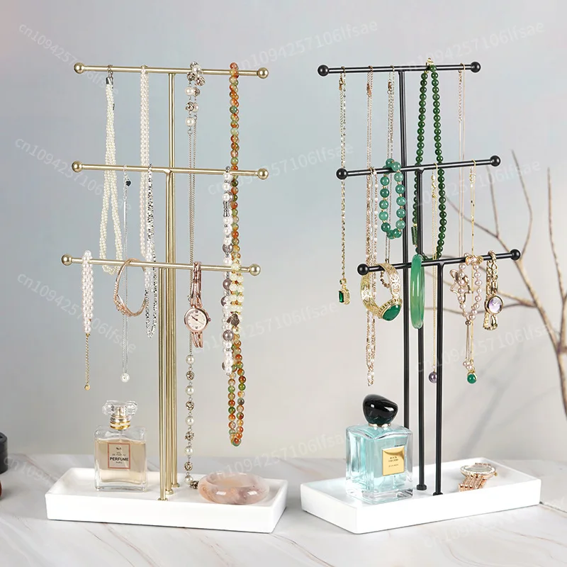 

3 Tier Brass Metal T-Bar Jewelry Organizer Stand, Necklace and Bracelet Hanging Display with Ring Tray