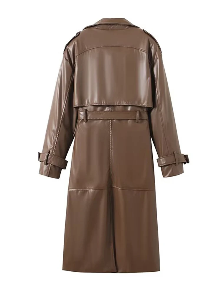 Veste en simili cuir avec ceinture pour femme, manteau long assorti avec tout, style européen, nouvelle mode