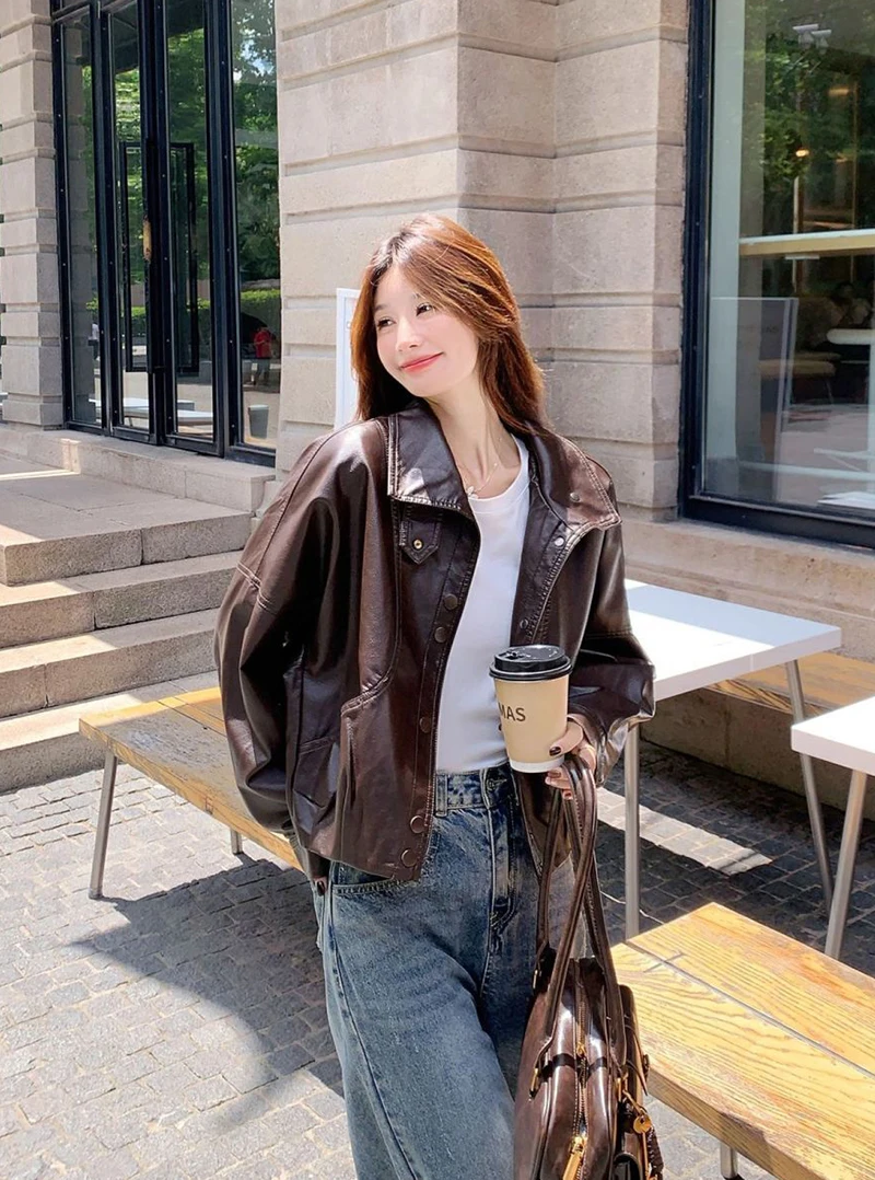 Women Faux Leather Jacket Stand Collar Snap Button Coat Oversized Drop Shoulder Bomber Y2K Retro Streetwear Autumn Outerwear Top