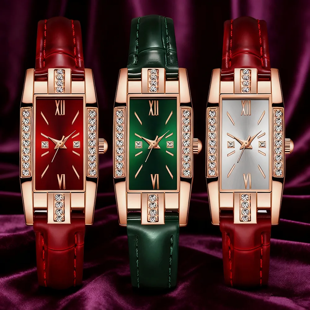 3PCS Elegant Women PU Leather Strap Watch Set, Popular Rhinestone Inlaid Fashion Ladies Watch Set