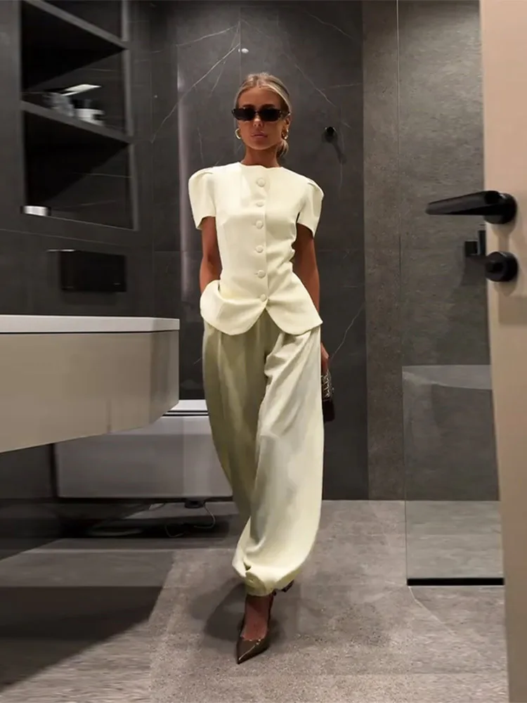 Puffärmel-Oberteil mit Taillenschnürung und Laternenhose für Damen, Streetwear-Set mit Einreiher-Oberteil und Weiter Hose, Schicke Damen-Sets – Detail 3