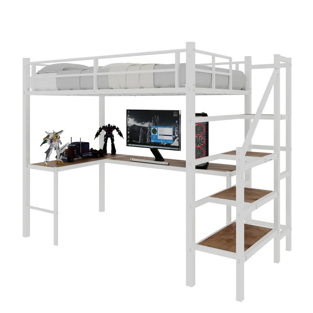 90x190cm Hohes Hochbettgestell mit L-förmigem Schreibtisch, platzsparendes Einzel-Hochbett mit Treppe, durchgehenden Sicherheitsgeländern, geräumigen Ablageflächen und Staufächern, stabiles Hochbett für Schlafzimmer, Teenager- und Erwachsenen-Schlafzimmermöbel – Detail 25
