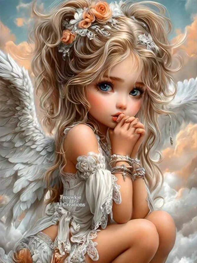 Praying Winged Little Angel Girl In Clouds 5D DIY Full Drill Diamond Painting Kit Cross Stitch, Handmade Art Home Wall Decor