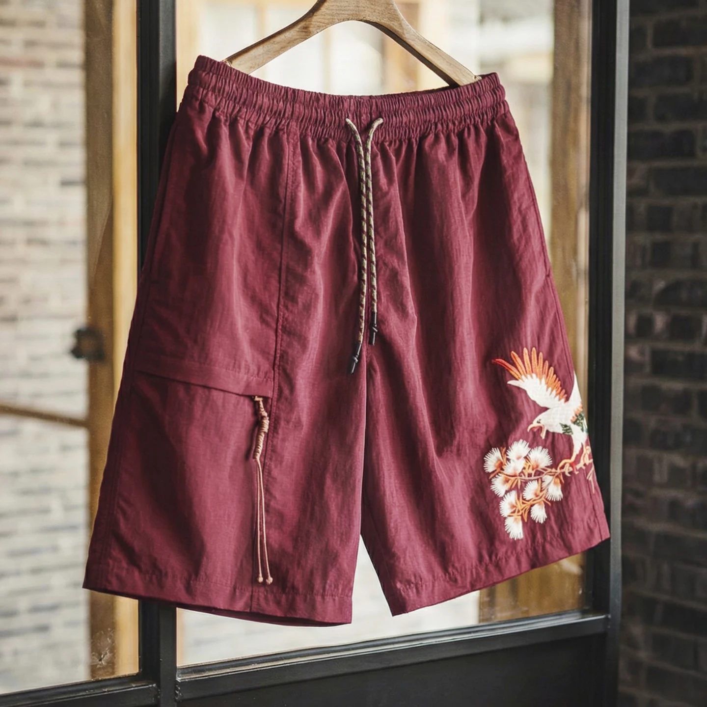 Maden Men's Red Eagle Embroidered Shorts Elastic Waist Loose Fit Quick Dry Summer Casual Beach Board Shorts Pocketed Shorts