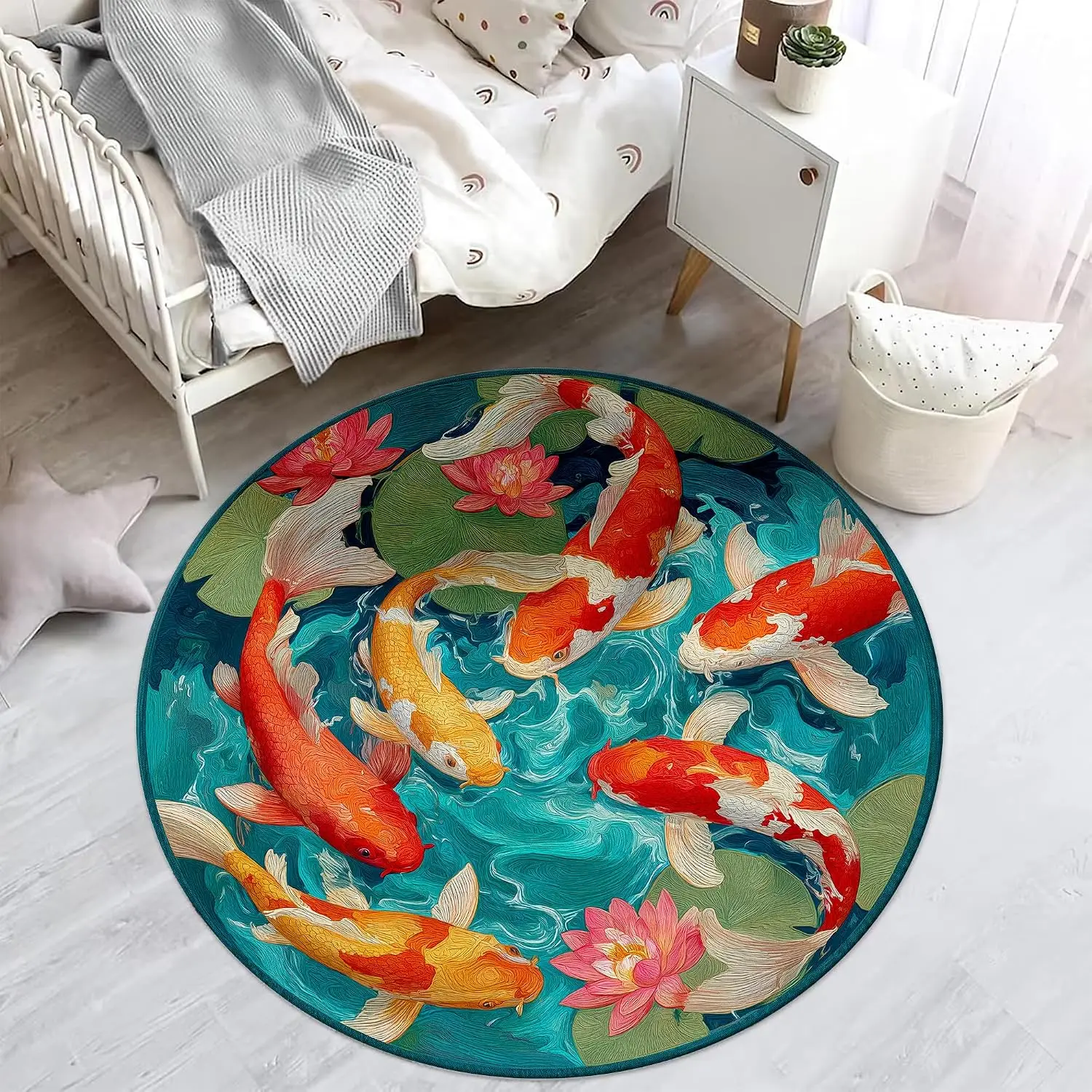 Vintage Art Circular Living Room Rug Colorful Koi Fish Round Carpet for Bedroom Lotus Flower Home Non-Slip Welcome Floor Mat