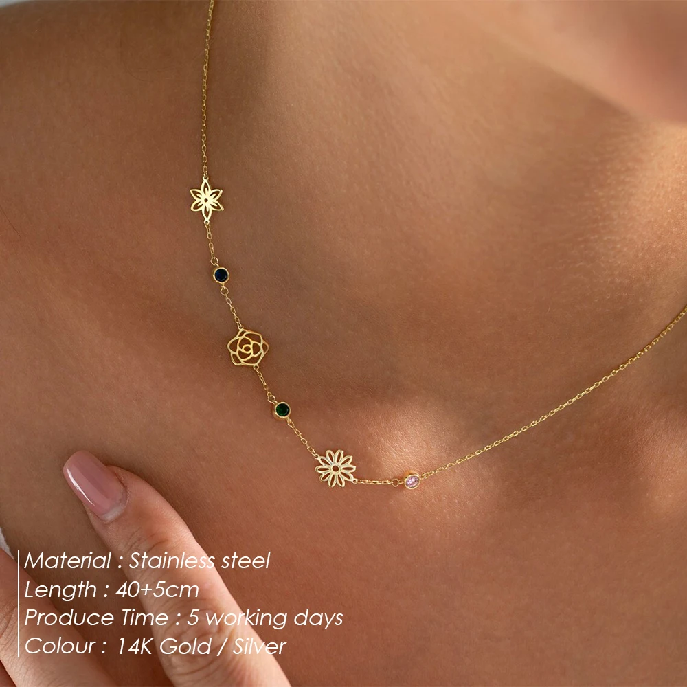 EMANCO Custom Birthstone Necklaces Stainless Steel Botanical Flower Pendant Women's Personalized Necklace Jewelry Birthday Gift