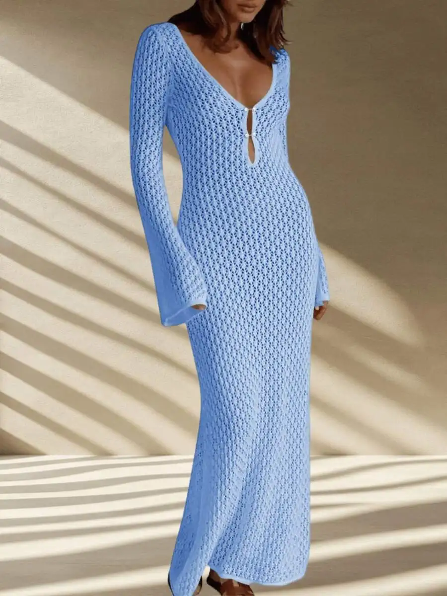 

Womens Crochet Maxi Cover Up Dress Long Sleeve Bodycon Beach Swimwear