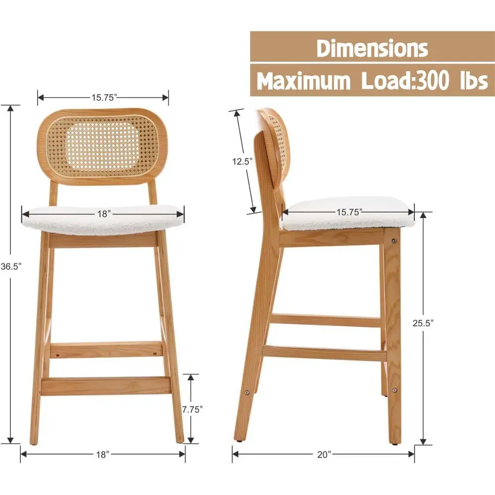 كراسي بار من الروطان مكونة من 4 قطع مع ظهر قصب، منجد لجزيرة المطبخ، بوهو شيربا، 26 ارتفاع مضاد #2