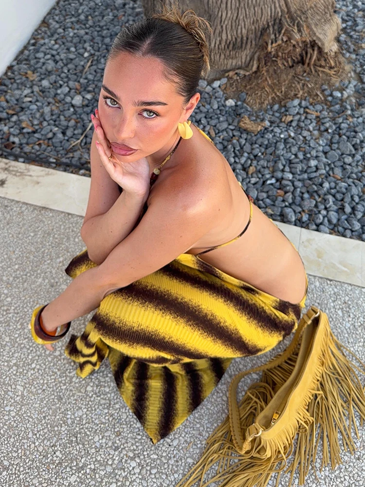 Weird Puss Sexy rückenfreies Kleid mit Kreuzmuster, Damenmode, gestreift, mit Perlenbesatz, ärmellos, heiß, für Strand, Urlaub, Party, figurbetont – Detail 12