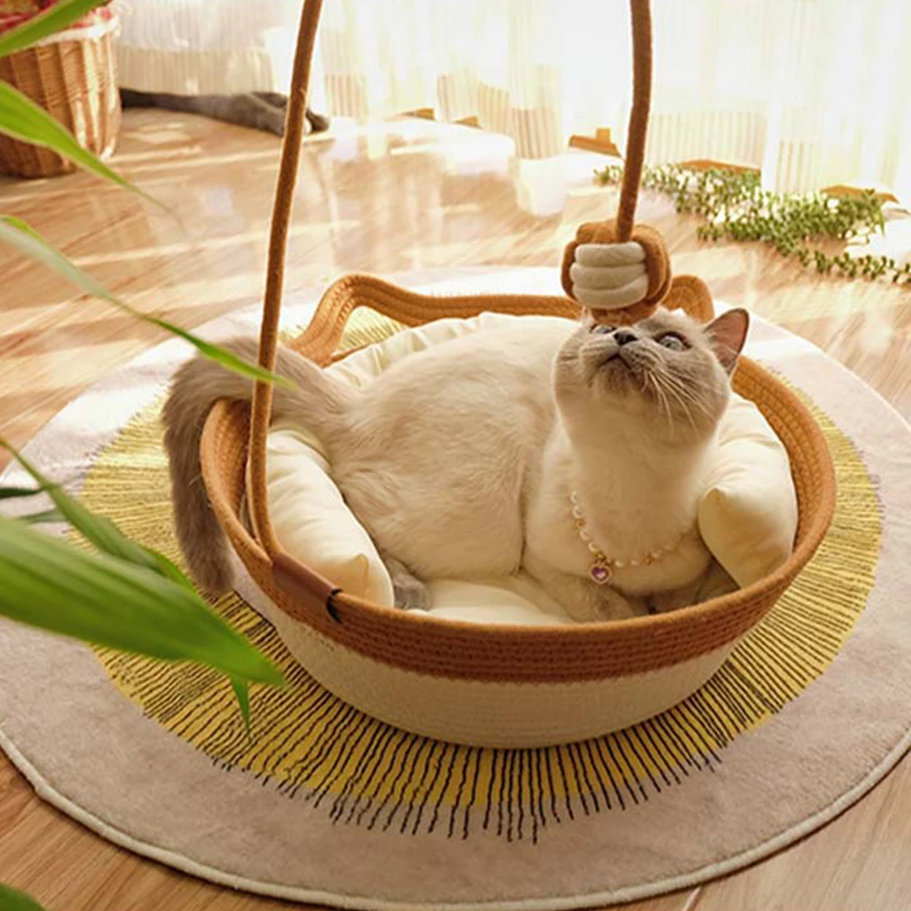 50cm Pet Cat Bed Mats Cotton Hand Woven Rattan Cat Beds Summer Winter Kitten Basket Cotton Rope Cat Scratching Baskets