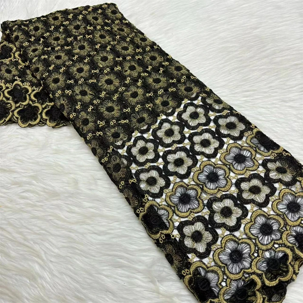 

Черное африканское кружево 2025 года, золотой шнур с вышивкой, кружево, французский гипюр, кружевная ткань для женщин, праздничное платье, 5 ярдов