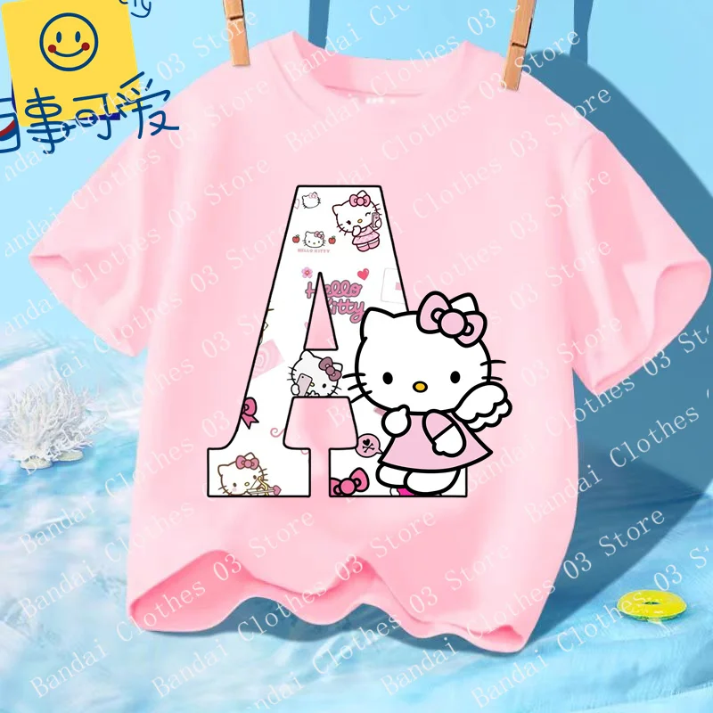 

Sanrio Summer T-shirt Girly Heart Soft Clothes Kawaii Birthday Gift Hello Kitty Letter A-Z Children's Cotton Short-sleeved Tops