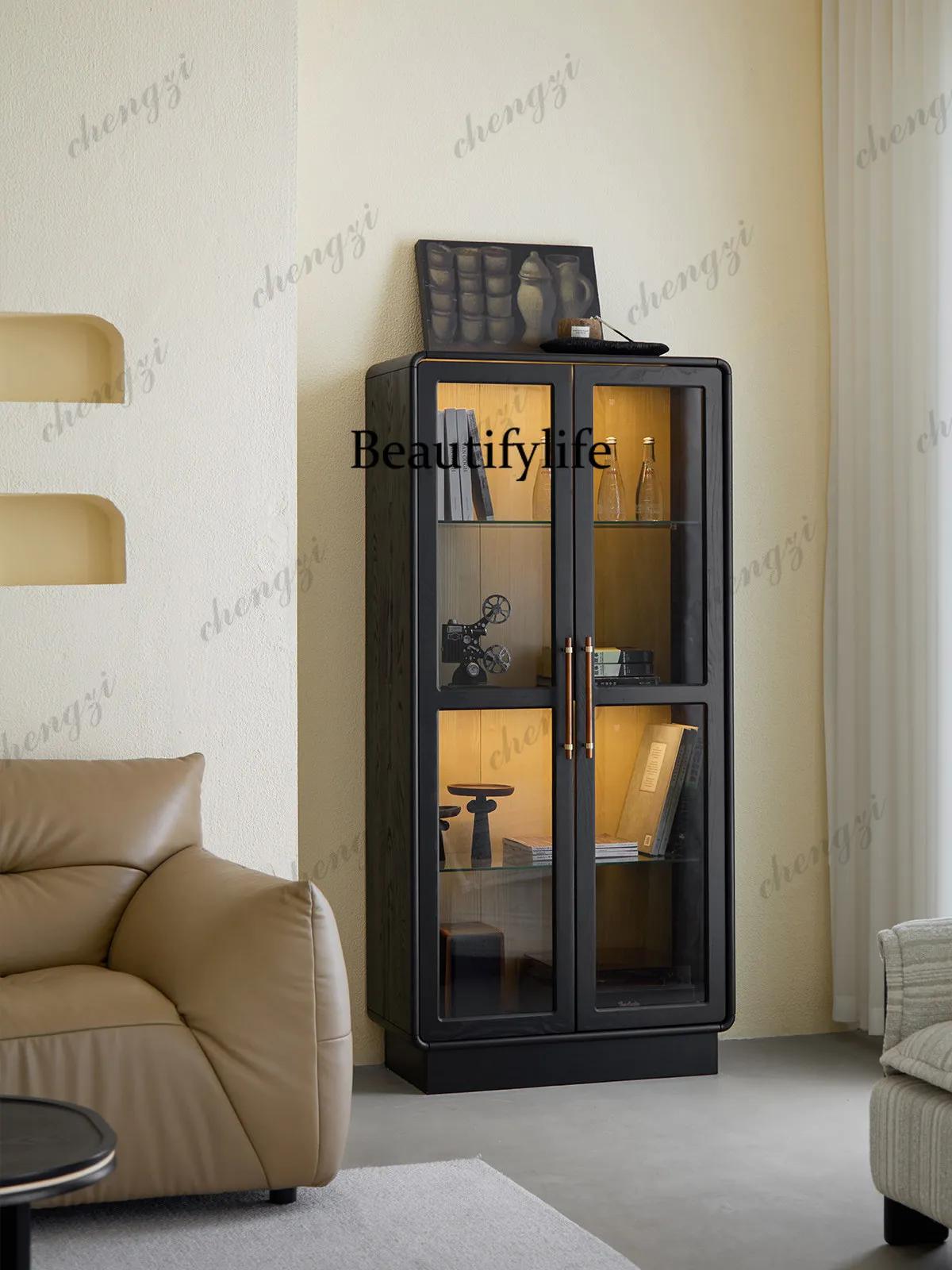 

Medieval solid wood floor-to-ceiling bookcase, display, locker integrated living room, home storage against the wall