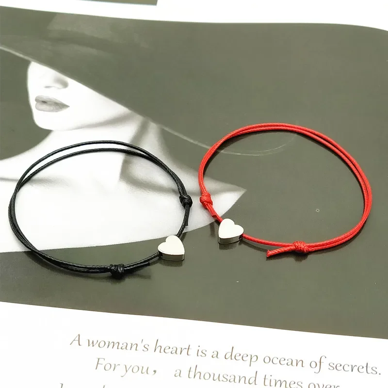 2 pcs/lots Tiny Love Heart Lucky Bracelet Red Black White Color Rope Bracelet Adjustable Fashion  Couple Bracelet  Wholesale