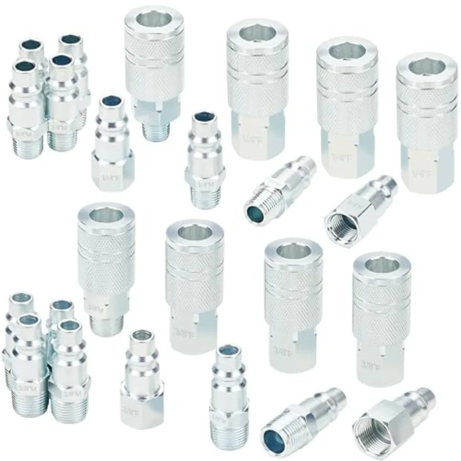 

3/8 Inch Body Air Hose Quick Connect Fittings 3/8" NPT Threads and 1/4" NPT Threads Couplers and Plugs I/M Industrial Type 24PC