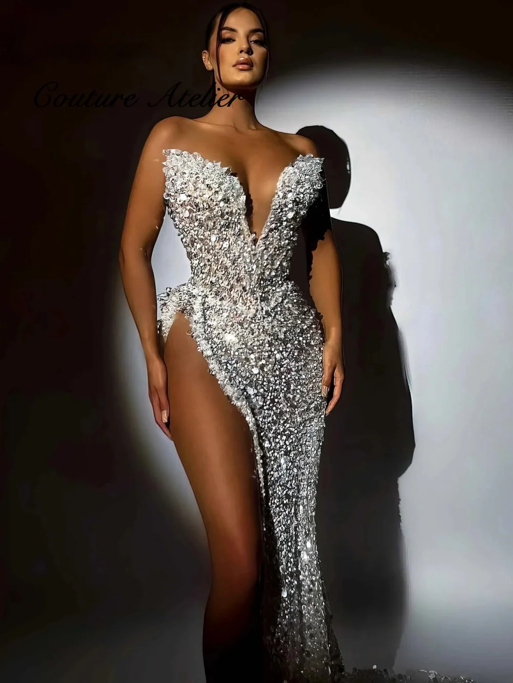 

Brown Lace Evening Dress Off The Shoulder Full Sleeves Mermaid Prom Gowns Elegant Arabic Prom Dress Customized