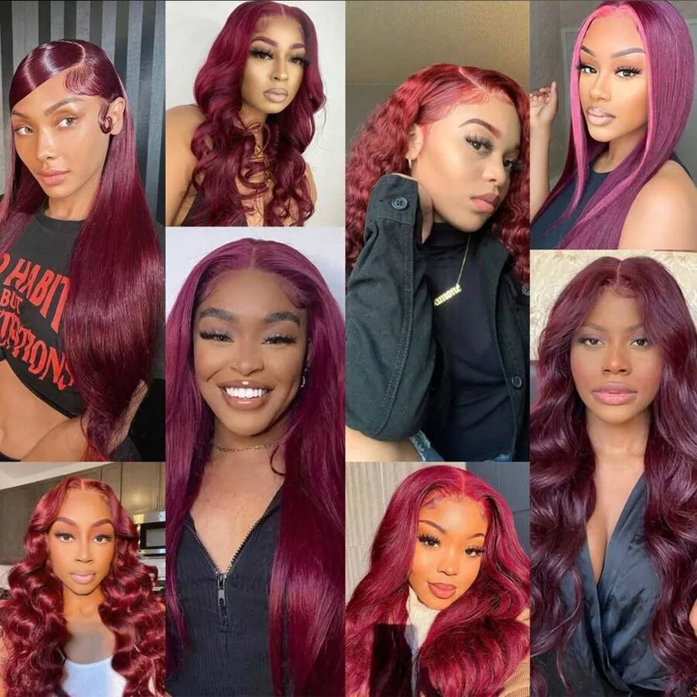 34 بوصة 99j بورجوندي أحمر 13X4 مستقيم الدانتيل الجبهة الباروكات شعر الإنسان الدانتيل الشفاف الباروكات الأمامية للنساء 250% الكثافة