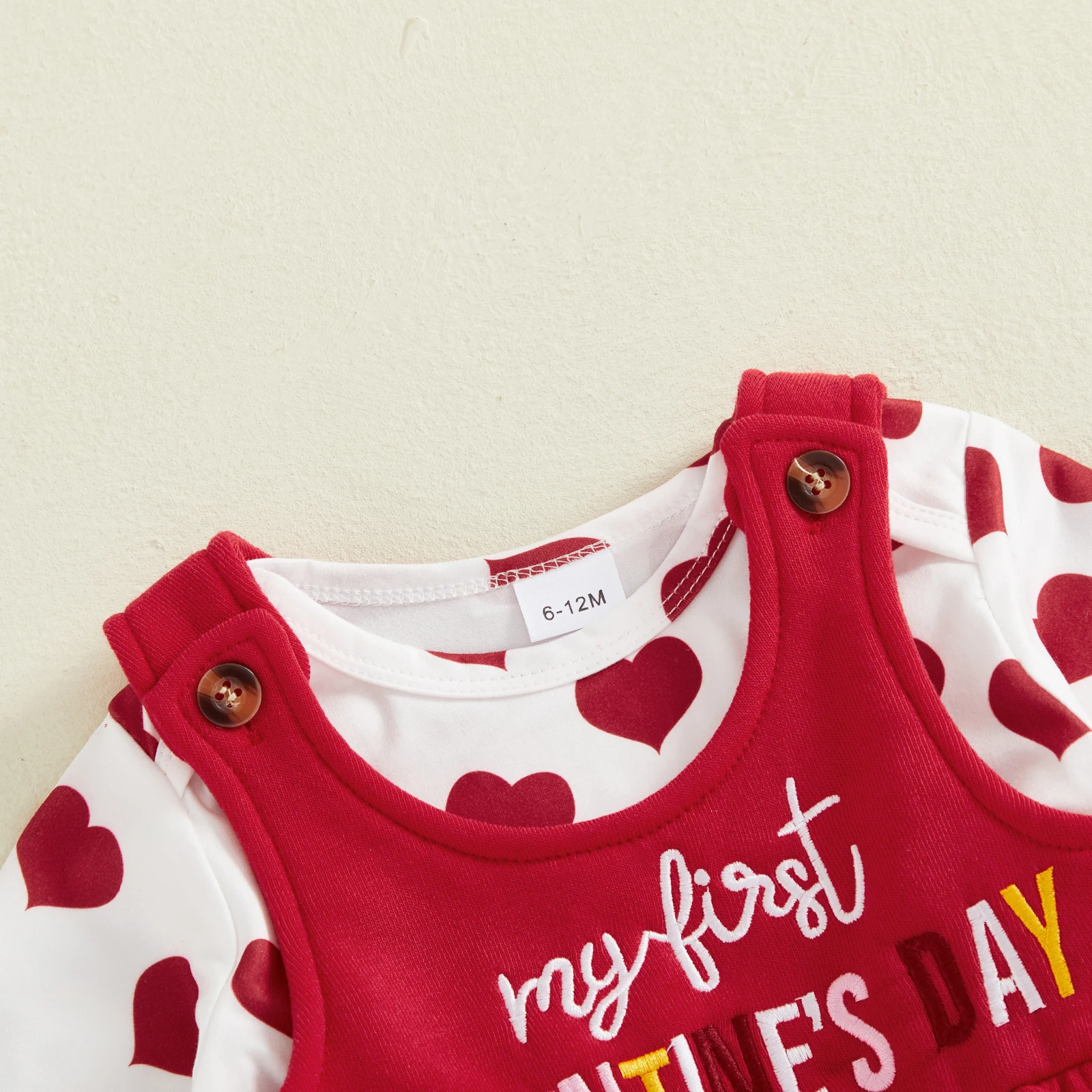 

Sweety Baby Girls Spring Outfit Long Sleeve Heart Print Romper with Embroidery Letters Overall Dress for Valentines Day