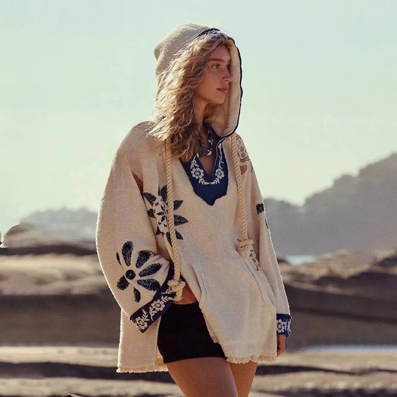 

Women Sweater Knit Sweatshirt 2025 New Casual Casual Westland Loose Side-Slit V Neck Hooded Design Pullover