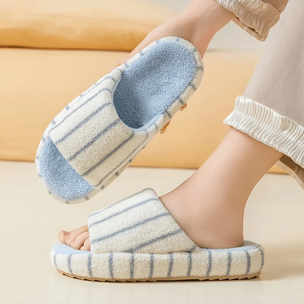 SHAJI Unisex Gestreifte Einfarbige Warme Plüsch-Hausschuhe, Ganzjahres-Flache Weiche Sohle, Leise, Weite Passform, Lässige Indoor- und Heim-Schuhe – Detail 3