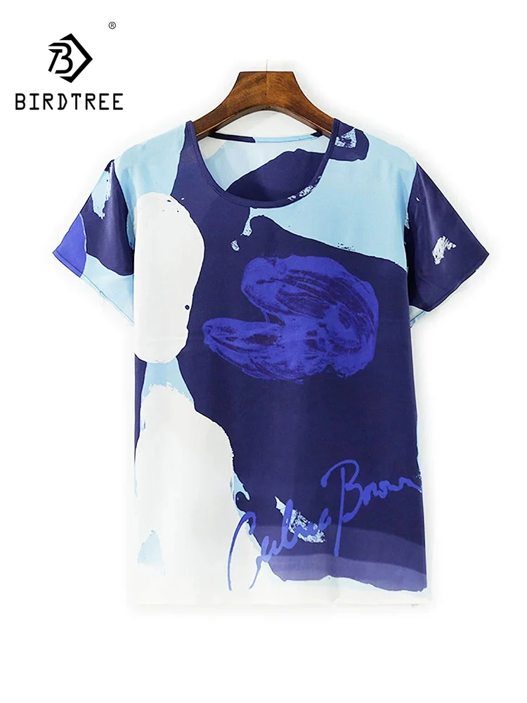

BirdTree-Silk Elegant T-Shirt, O Neck Short Sleeve Geometry Printed, Women Fashion OL Casual Loose Top, 2026 Spring New T5D429CC