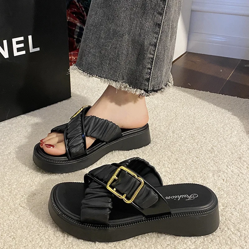 

Women's Summer Platform Slide Sandals with Buckle Strap - Non-Slip Sole Chunky Buckle Slide Sandals Outdoor Sandals