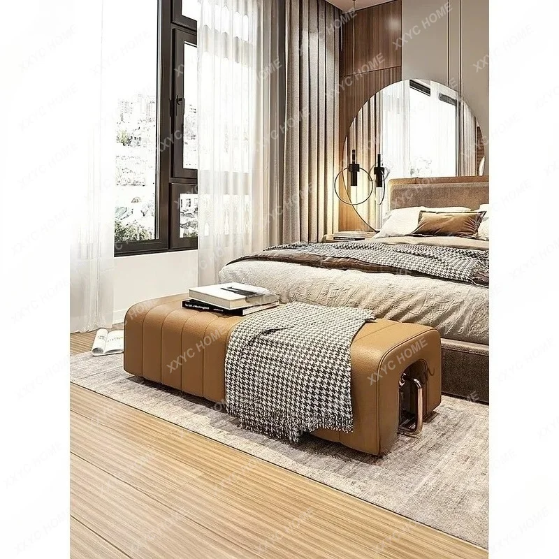 XX Luxury Bed Bench Minimalist Leather Sofa Stool Solid Wood Modern Bedroom Accent Seat