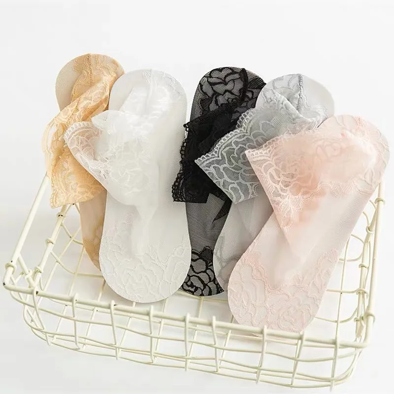 Women's Ultra Thin Transparent Lace Mesh Cotton Bottom Socks，Pregnant Women's Sweat Absorption and Anti Shedding Invisible Socks