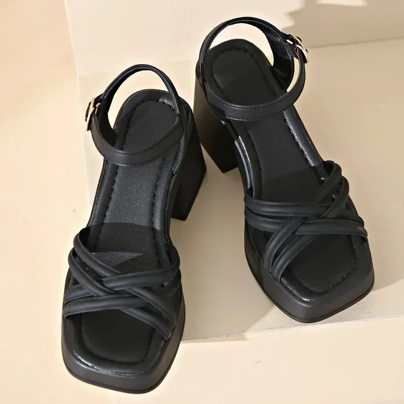 2024 New Fashion Summer Open Round Toe Bottom Buckle Shallow Mouth Casual Thick High Heel Large Women\'s Sandals 35-42