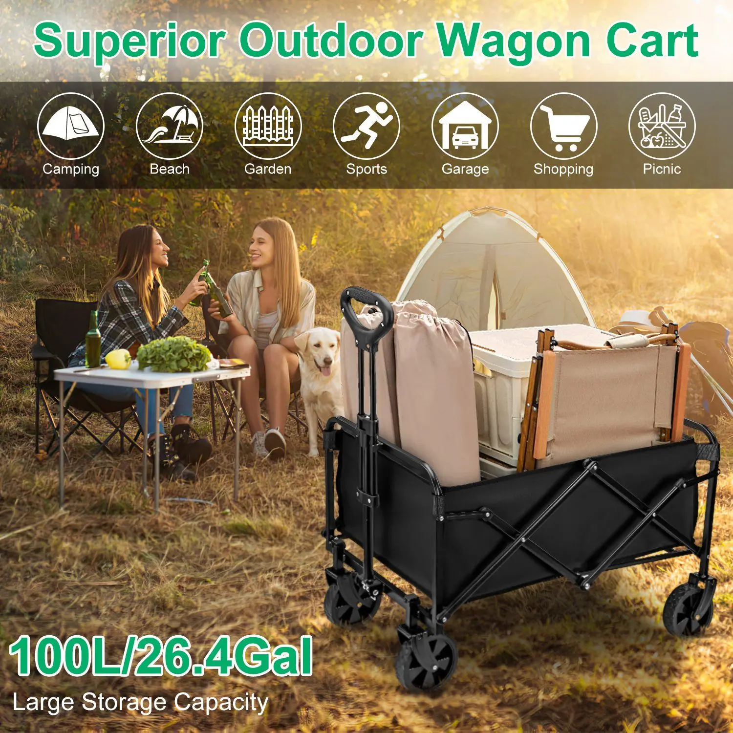 For 5in Wheel No Brake 100L Collapsible Folding Wagon Cart With Adjustable Handle 220LBS Load Capacity Heavy Duty Foldable Utili