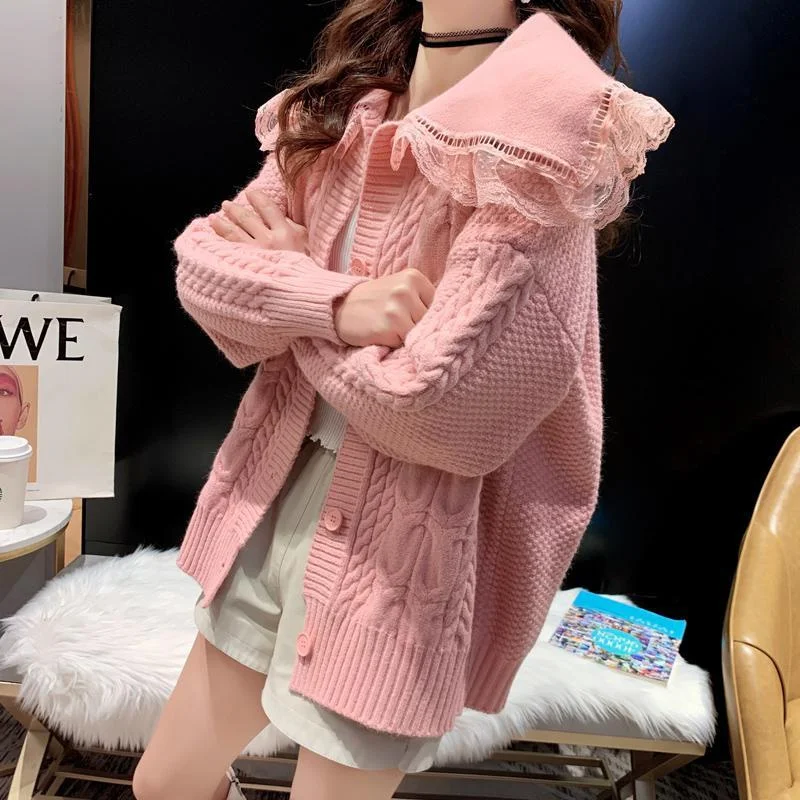 2023 New Versatile Autumn Winter New Doll Neck Sweater Coat Women\'s Loose Versatile Korean Version Lazy Fashion Knitted Cardigan