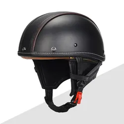 High Quality Black Leather Finish Motorcycle Helmet for Men DOT Approved Scooter Cruiser Moped Half Face Helmets Shell Cap