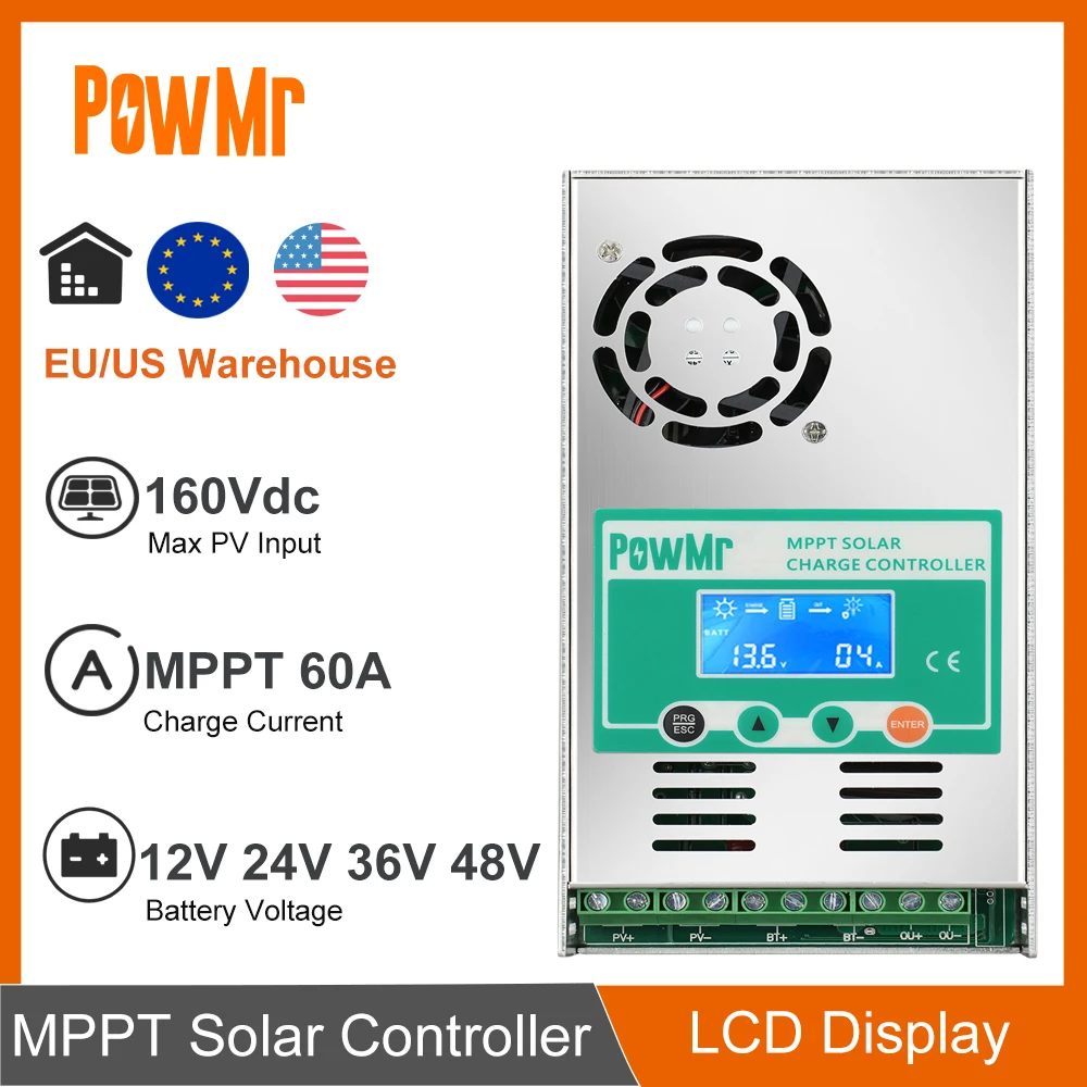 

PowMr 60A MPPT Solar Charge Controller Backlight 12V 24V 36V 48V Lead Acid Lithium Battery Regulator Max 160V Solar Panel Input