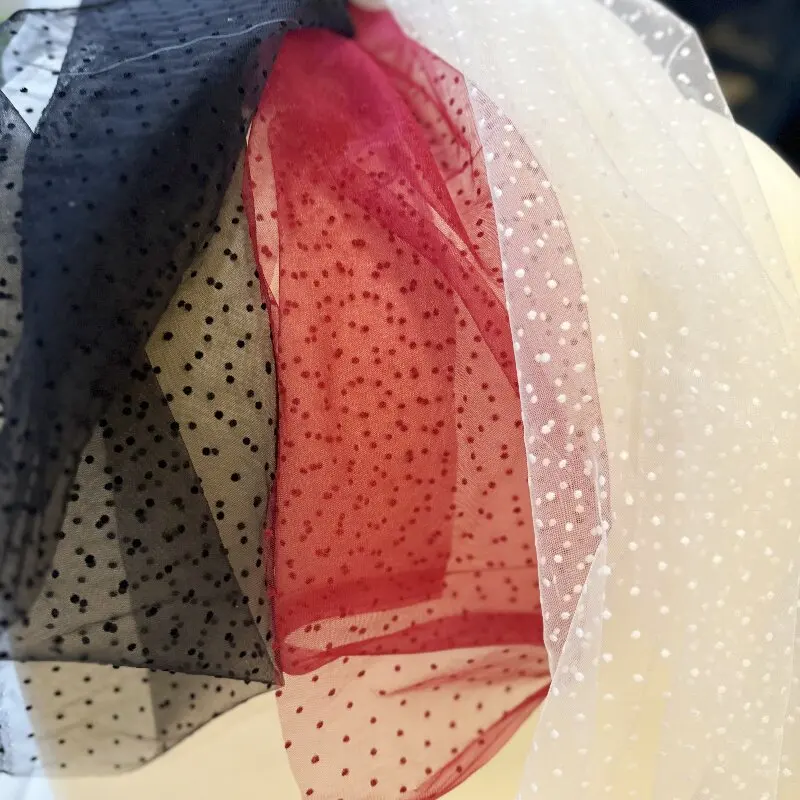 Red Black White Polka Dot Flocking Shirt Children's Dress Transparent Draping Fabric for Wedding Soft Gauze Fabric