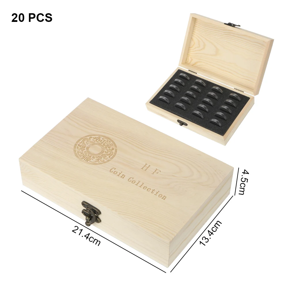 Coins Storage Box 20/30/50/100PCS Adjustable Antioxidative Wooden Commemorative Coin Collection Case with Adjustment Pad