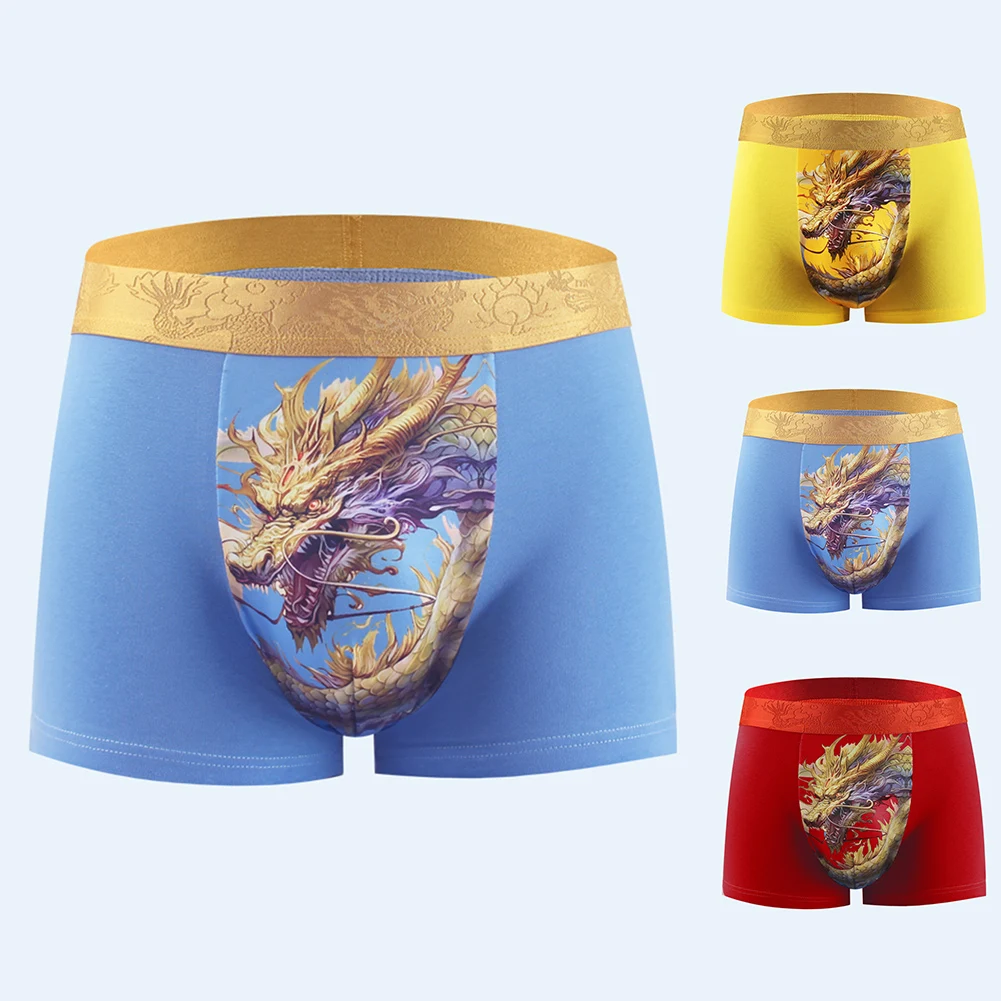 Mens Underwear Cotton Dragon Printed Pouchs Plus Size Breathable Brief Panties Lingerie Man Seamlessshorts 