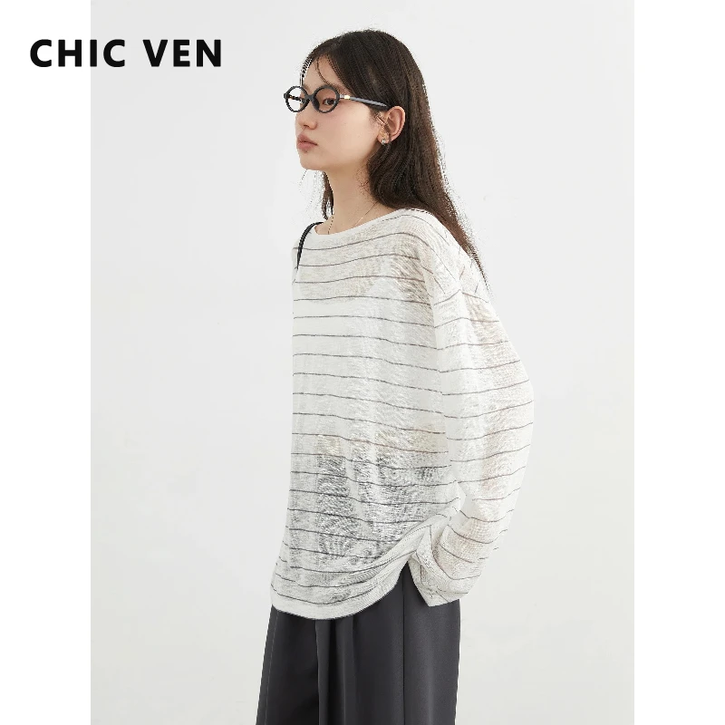 

Модная женская футболка CHIC VEN: Новая свободная повседневная блузка в полоску с длинным рукавом, солнцезащитная, для весны-лета 2026