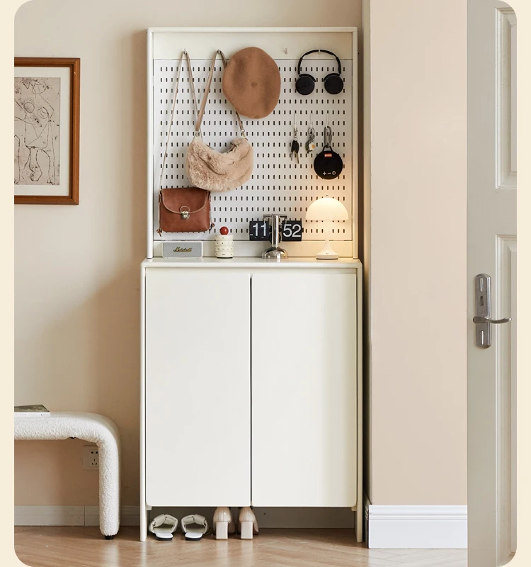 

Solid Wood Shoe Cabinet for Home Entrance, White Storage Cabinet with Cream Wind Hole Board