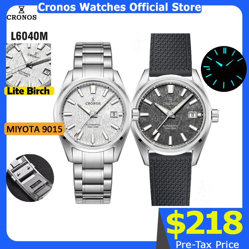 

Мужские часы Cronos, 39 мм, автоматические наручные часы с механизмом Miyota 9015, белый циферблат, березовый узор, твердые звенья, сапфир, 10 атм, L6040M