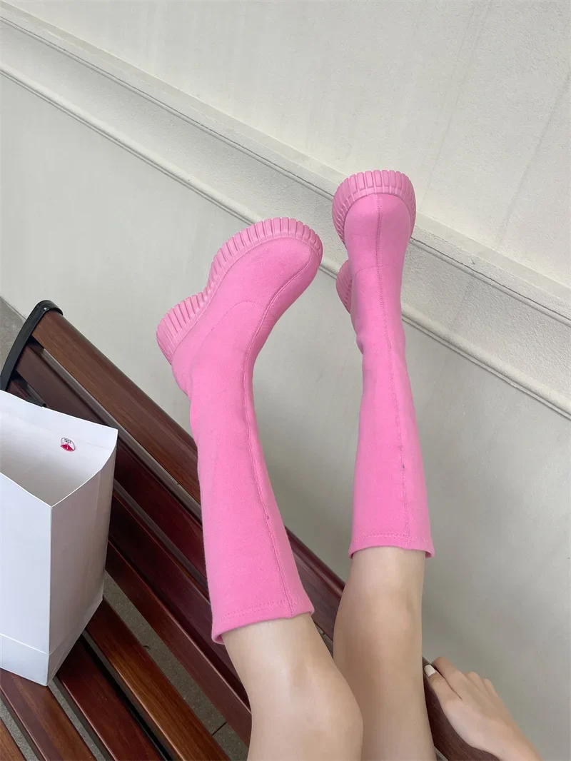 Fashion Platform Women Shoes Solid Color Long Booties Spring Autumn New Slip On Cozy Leisure Ladies Stretch Boots Brand Design