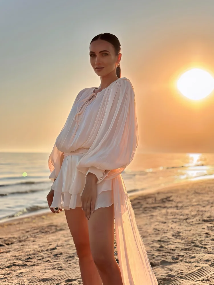 

Elegant Ruffles Shiny Mini Dresses Fashion Solid V Neck Long Sleeve Lace Up Pleated Dress New Summer Party Women's Vestidos 2025