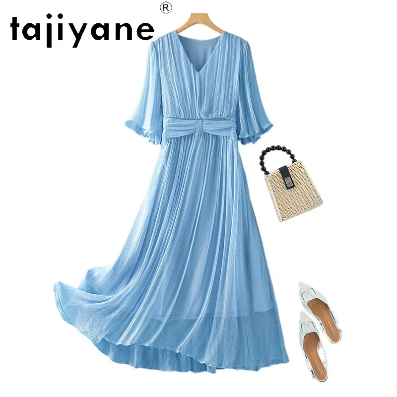 

TAJIYANE 100% Mulberry Silk Dress Woman Summer 2025 Polka Dot Printed Long Dresses Party Frocks Ladies Clothes платье женское